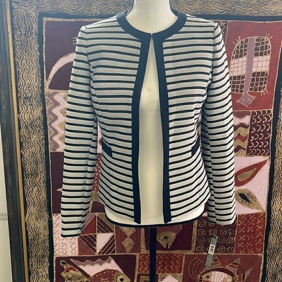 𝅺Tahari By ASL Black/White Womens Striped Framed Jacket, SZ 2 - Picture 1 of 6